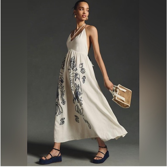 Anthropologie x Farm Rio Embroidered Halter Maxi Dress Linen
Backless White Navy - Picture 1 of 8